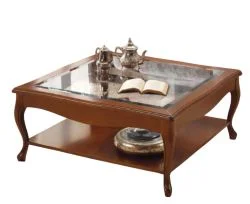 italiensicher-quadratischer Couchtisch klassisch Kirschbaum<br />Glasplatte<br />100 x 100 cm